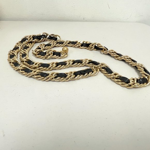 Vintage gold black braided leather chain belt 36\